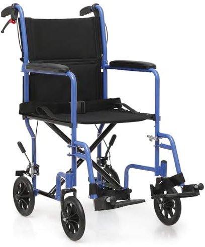 monicare Leichter Rollstuhl, 40,6 cm Sitz, ultraleichter Transportstuhl mit feststellbaren Handbremsen und wegschwenkbaren Fußstützen, faltbarer Rollstuhl für Erwachsene, 113,4 kg Kapazität, Blau