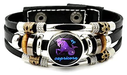 Leuchtendes Lederarmband Mit 12 Sternbildern – Zwölf Sternzeichen,Mehrschichtiges Geflecht,Punk-Armband,Waage,Skorpion,Jungfrau,Löwe,Knopf-Zeit-Edelstein-Armband Für Damen Und Herren,Steinbock,Ein
