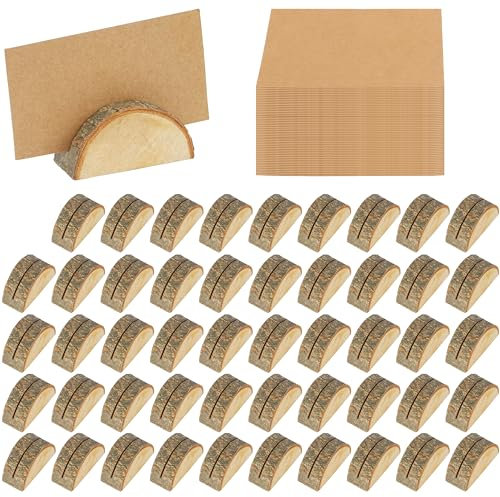 BELLE VOUS Lot de 2x50 Porte-Carte et Cartes en Bois - Supports en Bois Rustiques pour Numéros de Table - Cartes de Nom et de Place - Idéal pour Table d’Anniversaire ou de Mariage