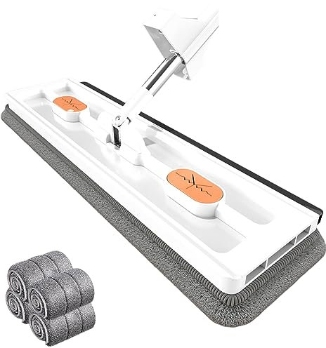 Hokuto Mocio piatto grande di nuovo stile, mocio a mani libere da pavimento magico in microfibra auto strizzante ruotabile a 360° (White+4pads)