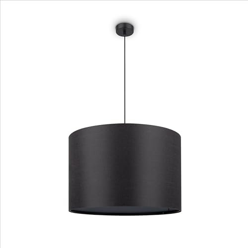 Paco Home Tischlampe Stehlampe Pendellampe Wohnzimmer Esszimmer Schlafzimmer Runder Schirm aus Stoff Modern Stylisch E27, Lampenart:Pendelleuchte 1-Flammig, Farbe:Schwarz Grau (Ø38cm)