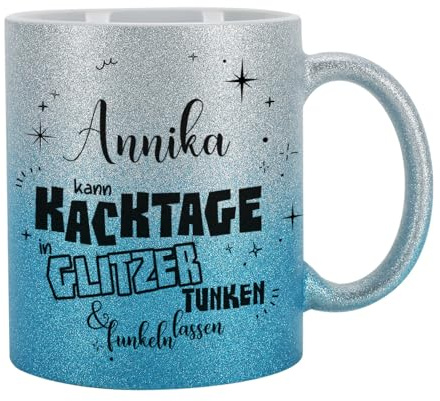 Tasse mit Glitzer personalisiert Keramik 300 ml (Silber-Blau, Kacktage)