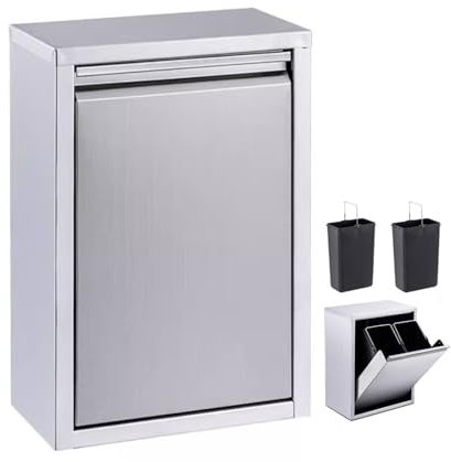 30L Doble Extraíble Papelera Acero Inoxidable Exterior Cocina Cajones De Basura Comercial Basurero Con 2 Cubos De Basura Para Isla Barbacoa Estación De Parrilla (Plata)