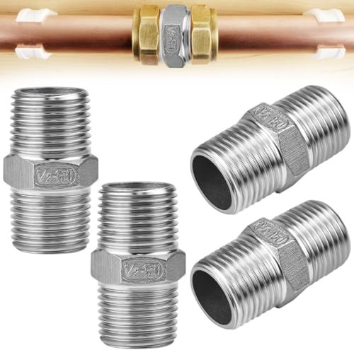 MININUSI 4 Pezzi 1/2 Maschio a 1/2 Maschio Filettatura,Acciaio Inox Connettore Tubo Doccia,304 Raccordo Maschio Esagonale,Raccordo Filettato Esterno Capezzolo,Adatto per Collegare e Prolungare Tubi