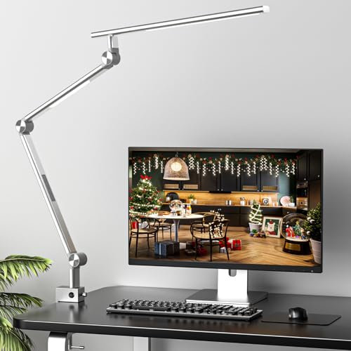 VERSKI Schreibtischlampe LED, Dimmbar 18W Doppelte Lichtquelle Schreibtischlampe für Homeoffice, Klemmbar Augenschutz Tageslichtlampe, 5 Farbtemperaturen und Helligkeit Einstellbare Büro Tischlampe