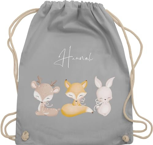 Turnbeutel Rucksack - Tiere - Reh Fuchs Hase süße Waldtiere mit Name - Unisize - Hellgrau - personalisierte beutel kinder tier baumwolle kita stoffbeutel und tasche für kindergarten tieren