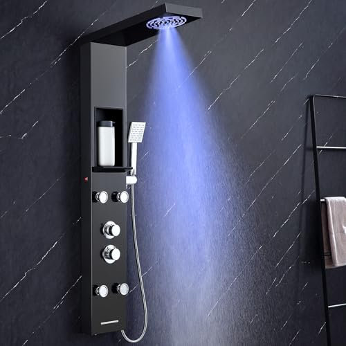 KINKIBOS Panneau de douche avec étagère et robinet noir, colonne de douche 5 fonctions, douche LED pluie et brouillard, 4 buses de massage réglables à grand angle, douchette à main et bec de baignoire