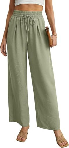 QIXING Weite Hosen Damen High Waist Palazzo Hose Gerade mit Taschen Yoga Stoffhose Elegant Sommer Damenhose mit Gummizug(Matcha Grün, L)