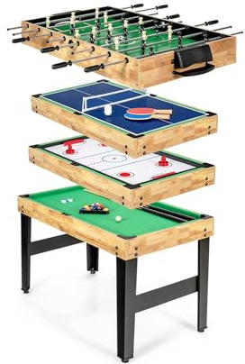 FCOUMY 4 in 1 Multi Spieltisch Set, Tischspiel multifunktional mit Tischfußball Hockey, Billard, Tischtennis,Kombi-Tisch für Kinder Erwachsene