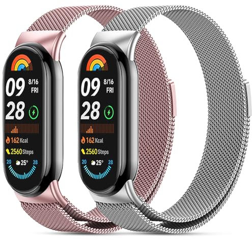 CHANRASI 2 Pezzi Metallo Cinturini Compatibile con xiaomi mi band 8/xiaomi smart band 10/9 Cinturino Donna,Cinturino Maglia Regolabili Magnetiche per xiaomi smart band 10/9/8 Argento rosa