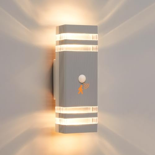 CELAVY Aussenlampe Außenlampe mit Bewegungsmelder - LED GU10 Außenleuchte Aussenleuchte Wand IP65 Up Down Wandleuchte Wandlampe Lampe aussen, Aussenbeleuchtung Außenwandleuchte Hauswand, Hellgrau