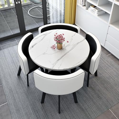 OCAZI Runder Konferenztisch 1 Tisch und 4 Stühle 5teiliges Set runde Frühstücksbar KüchenEsstischSet rundes Möbelset mit Tisch und Stühlen für Küche Esszimmer #11 80x75cm/31.5x29.5in(WxH)