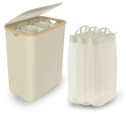 UISEBRT Wäschekorb mit Deckel, 3-Fach-Sammelkorb, 140L, faltbarer Wäschesack, extra großer Bambus-Wäschekorb, Wäschetonne (Beige), Wäschesammler