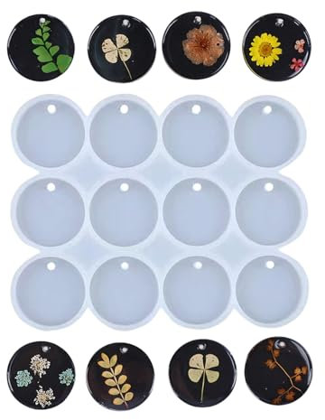 12 Stück Epoxidharz Formen Silikon,Schmuck Silikon Gießform,Schlüsselanhänger Anhänger Diy Set Silikonformen Epoxidharz mit Loch,Rund Silicone Mold,für Halskette Schlüsselbund Basteln Gießformen