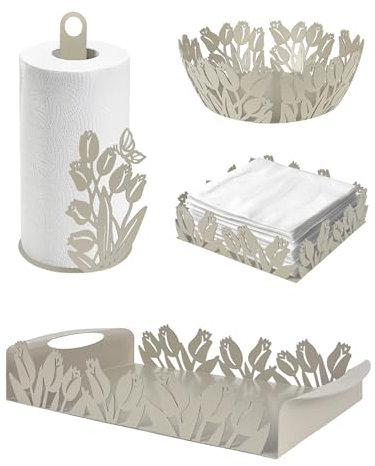 Set Accessori Cucina 2/4 Pezzi Portatovaglioli Vassoio Grande Da Portata Portafrutta Centrotavola Metallo Design Moderno Decorazioni Tavola - Papaveri - 4 Pezzi