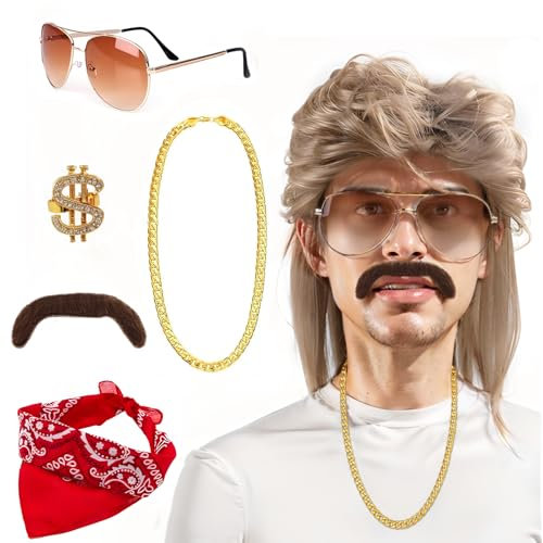 HahaGo Herren 80er Jahre Kostüm-Set - 6er Set mit Blond Perücke, Sonnenbrille, Halskette, Kopftuch, Schnurrbart - Fasching, Halloween, Party, Cosplay