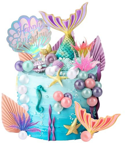 GSrenyu 35 PCS Mermaid Cake Topper Decoration Set with Mermaid Tails, Mini Pearl Balls, Happy Birthday Topper, Seaweed Cupcake Decoration for Girls Birthday Mermaid Ocean Themed Party