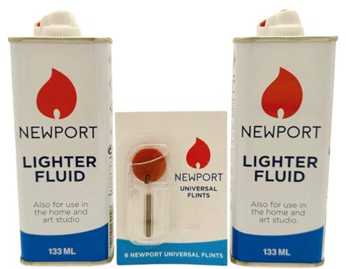 Newport Lighter Fluid | 133ml | 2-Pack with 6X Universal Flints | Compatible with Zippo Refillable Lighters | Fast Ignition | Clean Burning Fuel | Universal Lighter Fluid Refill