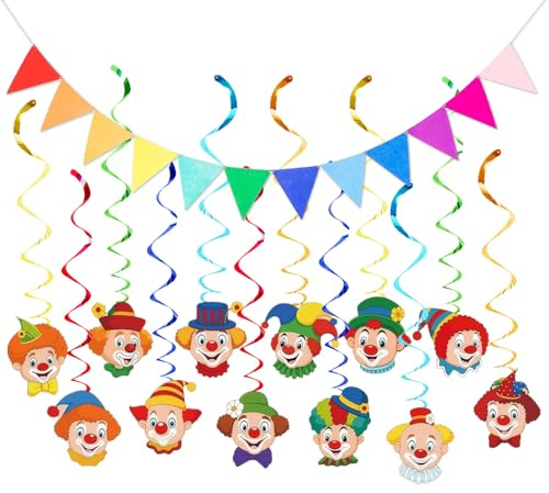 Clown Girlande Karneval Bunte Clown-Deko Girlande Set – Spiral Girlanden mit Clown Motiv Karneval Luftschlangen Karneval Partydekoration mit Spiralgirlanden & Wimpelkette Farbige Zirkusdeko für Feste