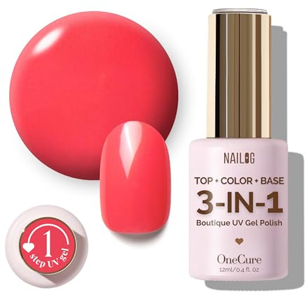 NAILOG Uv Gel Nail Polish 12ml | Top Coat Color Gel Base One Step Formula Soak Off UV Polish for Home DIY & Gifting | Peach Red