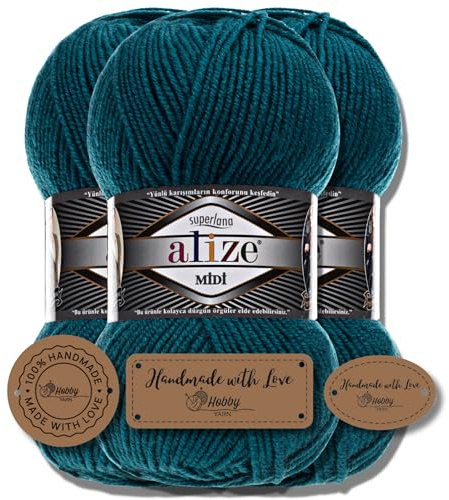 Hobby YARN 3x Etikettenlabel mit Alize Superlana Midi Wolle Premium 3x100g als Set, Yarn, Garn, Strickgarn, Einfarbig, Baby, zum Häkeln, Stricken, Kleidung, Schals (212)