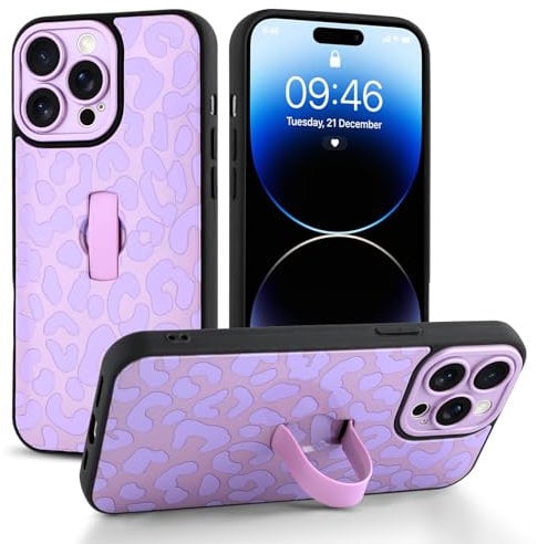 Jefonha for iPhone 14 Pro Max Case with Finger Hand Strap Kickstand, Trendy Cool Leaopard Cheetah Print Phone Case for Women Men, Full Camera Protection Shockproof Protective Cover (Purple)