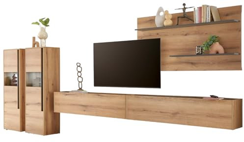 Furn.Design Wohnwand in Evoke Eiche und grau Wohnkombination Set 5-teilig mit XXL-TV-Schrank 440 cm, Center