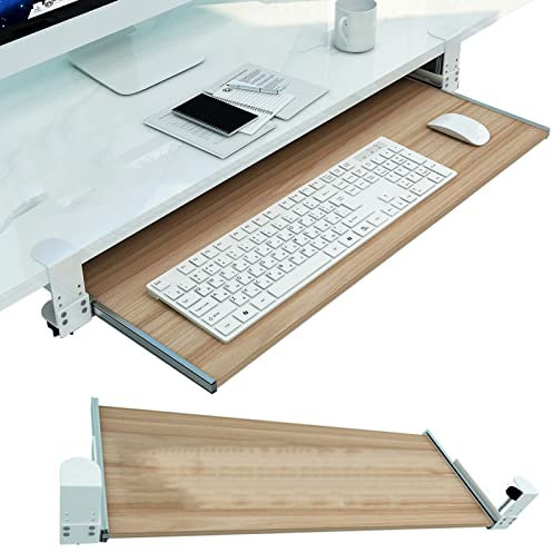 LFONDIGE Wooden Keyboard Tray Shelf for Home Office Keyboard Mouses Organizers, Under Desk Slide-Out Keyboard Drawer, with Sliding Rail/White/75 * 30Cm