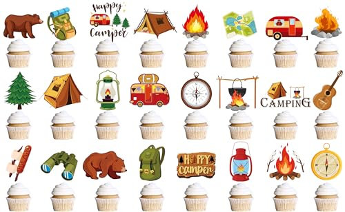 Camping Cupcake Toppers, 48 Pieces, Outdoor Adventure Theme Party Decorations, Cake Picks for Birthday Celebration