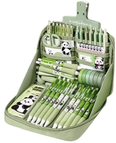 Panda School Supplies Set, Cute Studying Supplies Stationery Kit, Ruler, Notebook, Keychain, Pens, Pencil Case, Tab Stickers, Canvas Material, Organized Study Tools for Students and Teens, 34x24x6cm