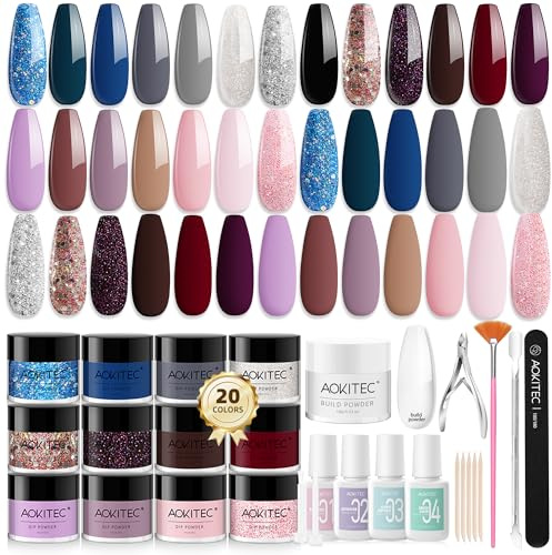 Aokitec 36Pcs Dip Powder Starter Kit: 21 Colours, Liquids & Tools | Luxurious colours, No UV lamp needed! Enjoy 14+ days of clump-resistant wear. Includes a clear build powder for nail repair.