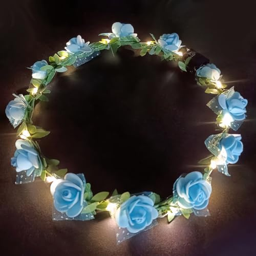 AWSOLAR 8Pcs Blumenkranz Haare LED, Blau LED Blumenkranz mit Licht | Blumenkranz Haare für Brautschmuck, Festival, Party