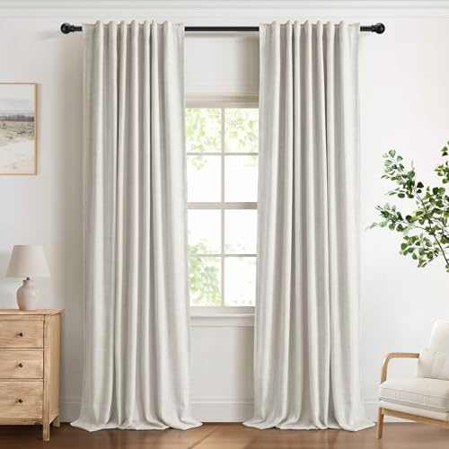 DEFYNEE 100% Verdunkelungsvorhänge mit verdeckten Schlaufen, Leinen-Optik, 2er-Set Blickdichte Vorhänge Stangendurchzug für Schlafzimmer oder Wohnzimmer – H245 x B140 cm, Beige