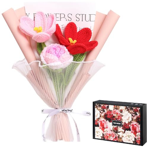 Lotvic Ramo de flores de ganchillo, rosas rosas y tulipanes, con caja de regalo, ramo de ganchillo artificial, para aniversarios, día de la madre, día de San Valentín, graduación