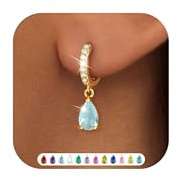 ZNBOH Pendientes Dorados Mujer Oro 18 kilates Hipoalergenicos Pequeños Pendientes Colgantes con Circonita Piedra de nacimiento Amatista Esmeralda Aguamarina Piercing Oreja Joyería Regalo Cumpleaños