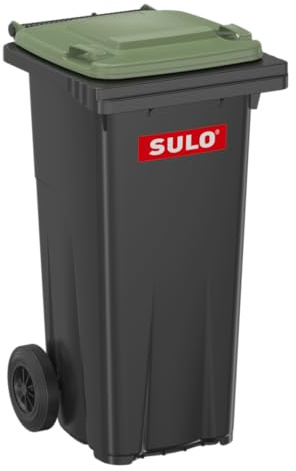 plasteo SULO 120 Liter Citybac Mülltonne Abfalltonne Grau mit GRÜNEM Deckel Für Straßenstellung Made in DE Extra Starker Kunststoff Vollgummiräder Leicht zu Reinigen UV-Fest