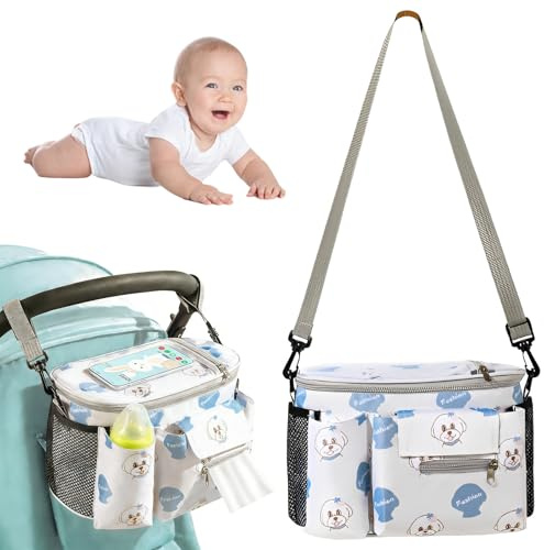 Borsa Passeggino Universale, Impermeabile e Resistente Borsa Carrozzina Neonato con Supporto di Tazza, Borsa Telefono e Tracolla, Adatta Alla Maggior Parte dei Passeggini