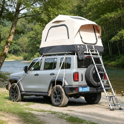 Yihomfy Dachzelt für Auto, 2-3 Personen, aufblasbar 300D, wasserdicht PU3000, UPF50+, dicke Matratze, Teleskopleiter für Familie, Pick-up, LKW, Autos, Reisen und Campingzelt