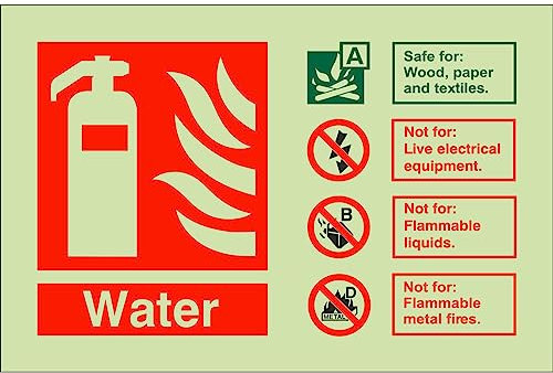 Glow In The Dark Water Fire Extinguisher ID Sign 150mm x 100mm - Rigid Plastic