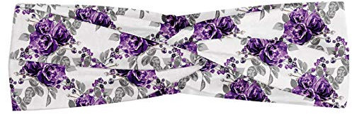 ABAKUHAUS Mariage Bandeau, Fleurs Rose romantique Violet Corsage avec des feuilles gris Bouquets, Serre-tête Féminin Élastique et Doux pour Sport et pour Usage Quotidien, Violet Gris pâle
