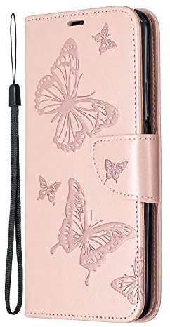 iPhone 12 Mini Case, Butterfly Embossed Slim PU Leather Flip Wallet Cover Folio Soft Silicone Gel Bumper Shockproof Protective Cover for iPhone 12 Mini with Magnetic Stand Card Holder, Rose Gold