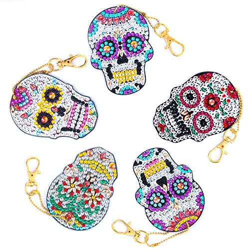 MWOOT 5 Stück 5D Diamant Malerei Schlüsselbund mit Schädel Muster, Halloween DIY Doppelseitig Diamond Art Painting Keychain für Handtasche Dekoration