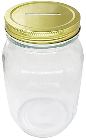 Mczcent Coin Money Piggy Bank with Gold Slotted Lid for All UK Coins, Safe Money Bank Coin Saving Box Pot, Glass Clear Coin Money Saving Jar for Adults Teens Kids Girls Boys, 1000ml