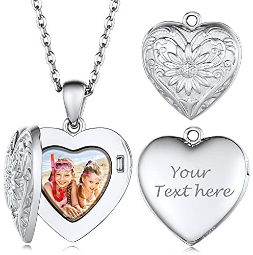 Custom4U Collier Photo Gravé Blanc Femme,Pendentif Porte Photo Argent 925, Médaillon Coeur Tournesol Bijoux Personnalisé Cadeau Anniversaire Maman
