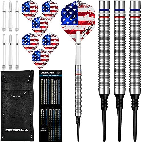 Dartfellas 20g 90% Tungsten American Flag Stars & Stripes Patriot X Soft Tip Dart Set, Red White & Blue, Flights & Shafts Included (2 Sets Each), w/Travel Case, 20 Grams