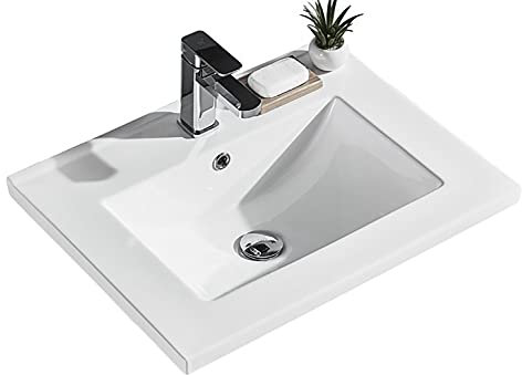 baanio - Lavabo Encimera Cerámico Blanco | Pila Lavamanos Rectangular 61x46 cm | Compatible con Mueble de Baño 60x45 cm, con Rebosadero, con Orificio Grifo 61x46 cm, 1 Seno centrado.