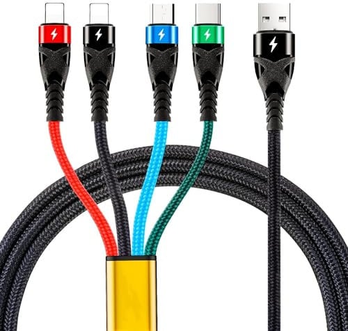 SDBAUX Multi 4 in 1 Charging Cable, [ 3A/1.2M ] Universal Braided USB Fast Charger Cord, with 2*iP/USB Type C/Micro USB Connectors, for iOS Phone, Samsung Galaxy, LG, Moto, Huawei, Sony, Xiaomi, PS4