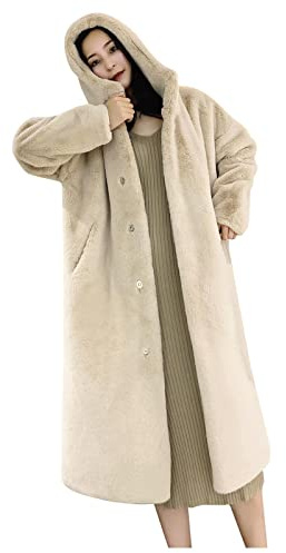 L9WEI Veste en peluche pour femme - Manteau d'hiver à capuche - Veste polaire élégante en fausse fourrure, beige