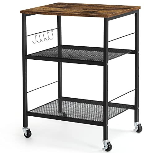 LIANTRAL Chariot à roulettes, 3 niveaux utilitaire pour micro-ondes, bar, café, cuisine, étagère de rangement sur roulettes, grande table d'appoint marron, table de chevet pour la maison et le bureau