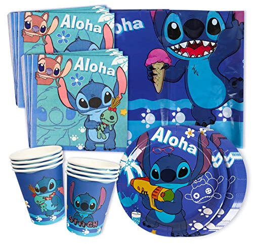 Set de Fiesta de Cumpleaños para Niños, 37Pcs Vajilla de Fiesta de Lilo & Stitch, Decoración de Cumpleaños para Niños y Niñas, Vasos de Papel, Platos, Manteles, Servilletas, para Fiestas de Stitch